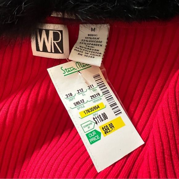 Vintage WR Red Zipper Front Lace Embellished Sweater Faux Fur Collar Sz M NWT - Picture 8 of 11